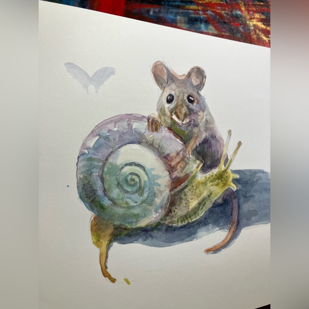 Original Watercolor Painting Mouse Snail Whimsical nature decor Art Artettina US - Picture 2 of 6